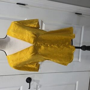 Yellow V-Neck Mustard  Button-Up Blouse